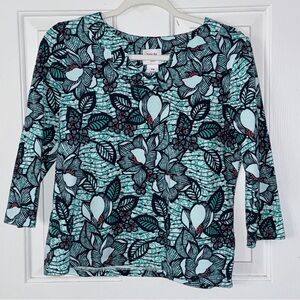 Ruby Rd. Teal and Black Floral 3/4 Sleeve Top. Sz PM